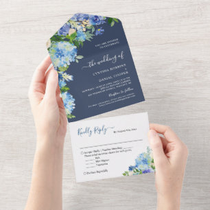 Invitation Tout En Un Mariage bleu marine Botanique Hydrangea Fleurs
