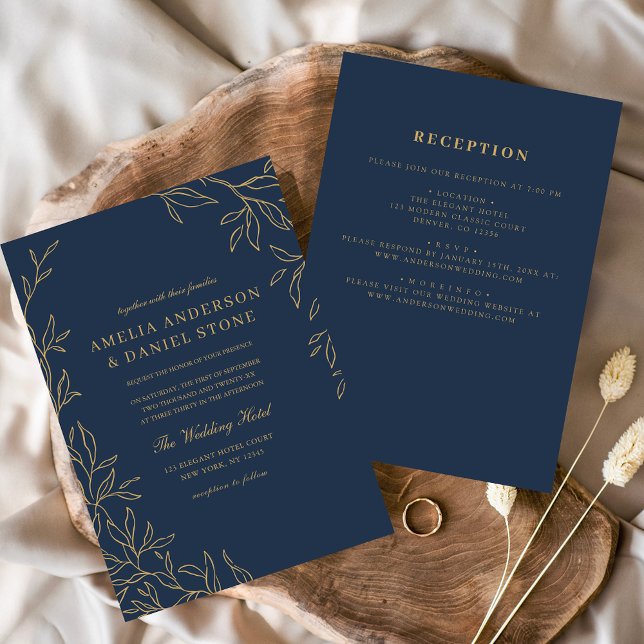 Invitation Tout en un Mariage bleu marine Gold minimal feuill (Créateur téléchargé)