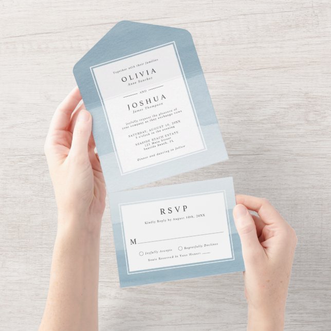 Invitation Tout En Un Mariage bleu moderne (Déchirure)