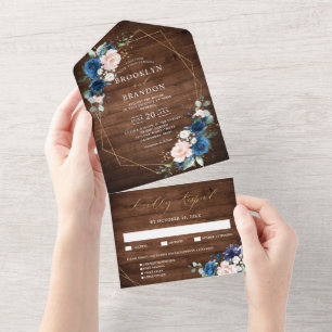 Invitation Tout En Un Mariage Bleu Nuit Blush Bois Rustique Géométrique 