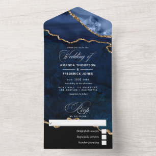 Invitation Tout En Un Mariage Bleu Nuit et Agate Dorée