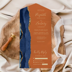 Invitation Tout En Un Mariage Bleu Nuit Or Agate Orange Brûlé
