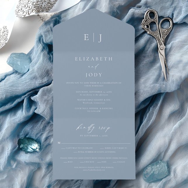 Invitation Tout En Un Mariage Bleu Poussiéreux (Créateur téléchargé)