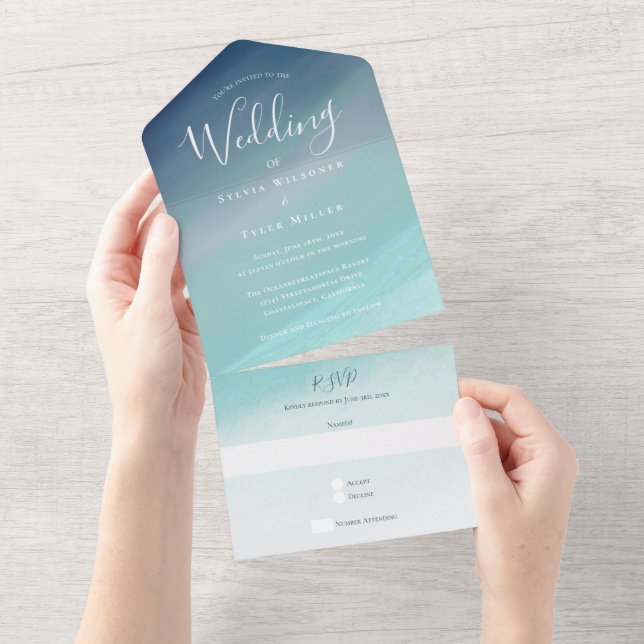 Invitation Tout En Un Mariage Blue Ocean Beach (Déchirure)