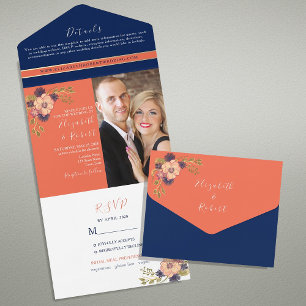 Invitation Tout En Un Mariage Bohème Floral Bleu Nuit et Corail