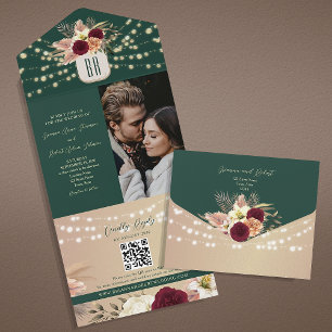 Invitation Tout En Un Mariage Bohème Floral Émeraude