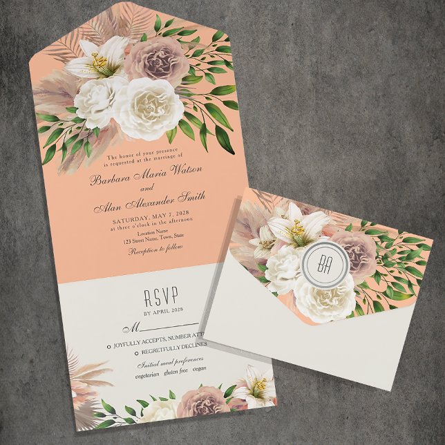 Invitation Tout En Un Mariage Bohème Floral Fuzz de Pêche (Créateur téléchargé)