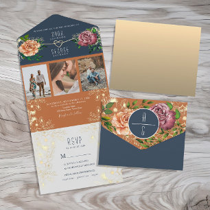 Invitation Tout En Un Mariage Bohème Floral Orange et Bleu Marine