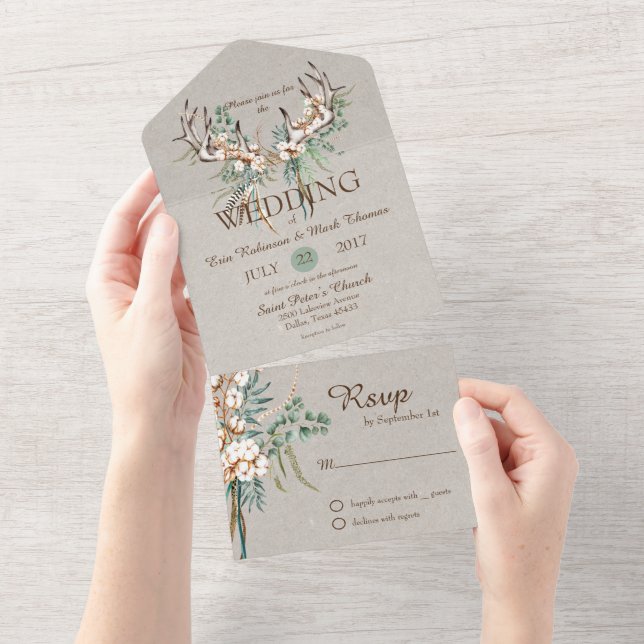 Invitation Tout En Un Mariage Boho Antler Cotton (Déchirure)