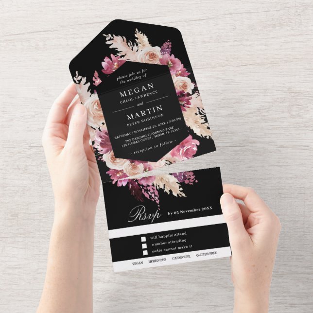 Invitation Tout En Un Mariage Boho Noir Rose Tout En Un (Déchirure)