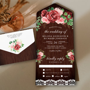 Invitation Tout En Un Mariage Bois de Grange Fleurs Broderie Burgundy Ro