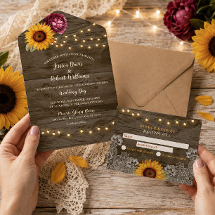 Invitation Tout En Un Mariage Bois de Grange Tournesol Paon Rustique