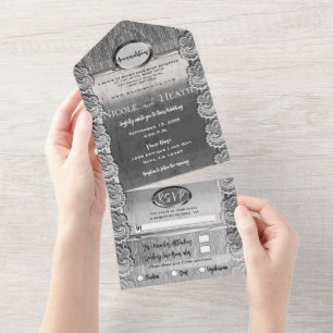 Invitation Tout En Un Mariage Bois Gris Dentelle Blanc Antique Argent