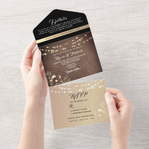 Invitation Tout En Un Mariage Bois Rustique et Guirlandes de Lumière