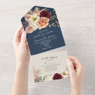 Invitation Tout En Un Mariage Bordeaux et Bleu Marine