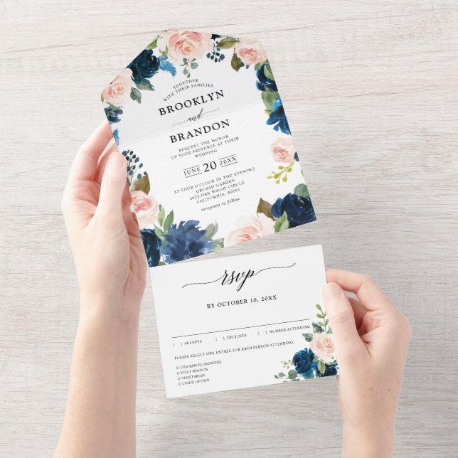 Invitation Tout En Un Mariage botanique bleu bleu bleu rose bleu marine (Déchirure)