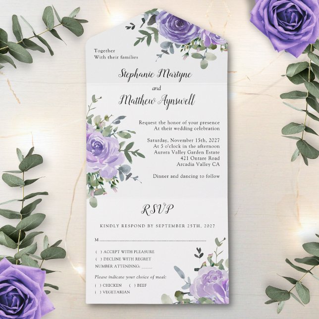 Invitation Tout En Un Mariage botanique d'Eucalyptus, Rose pourpre Dusty (Créateur téléchargé)