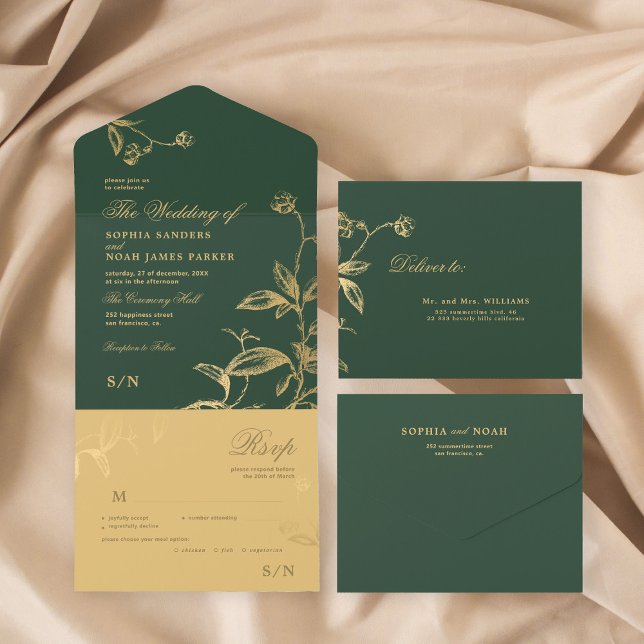 Invitation Tout En Un Mariage botanique élégant vert or (Créateur téléchargé)