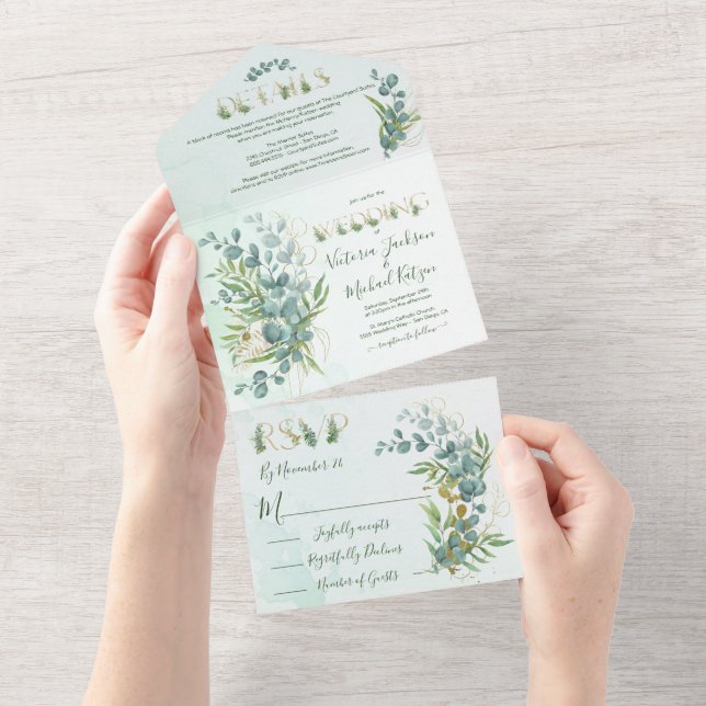 Invitation Tout En Un Mariage botanique Eucalyptus et Gold Fern (Déchirure)
