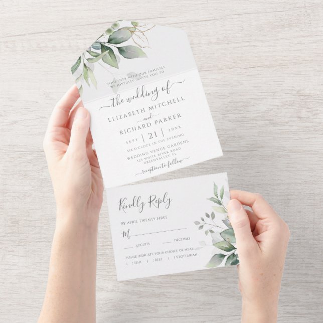 Invitation Tout En Un Mariage botanique Feuille Eucalyptus Green (Déchirure)