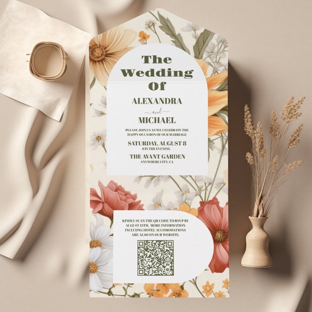 Invitation Tout En Un Mariage botanique Fleur sauvage de code QR (Créateur téléchargé)
