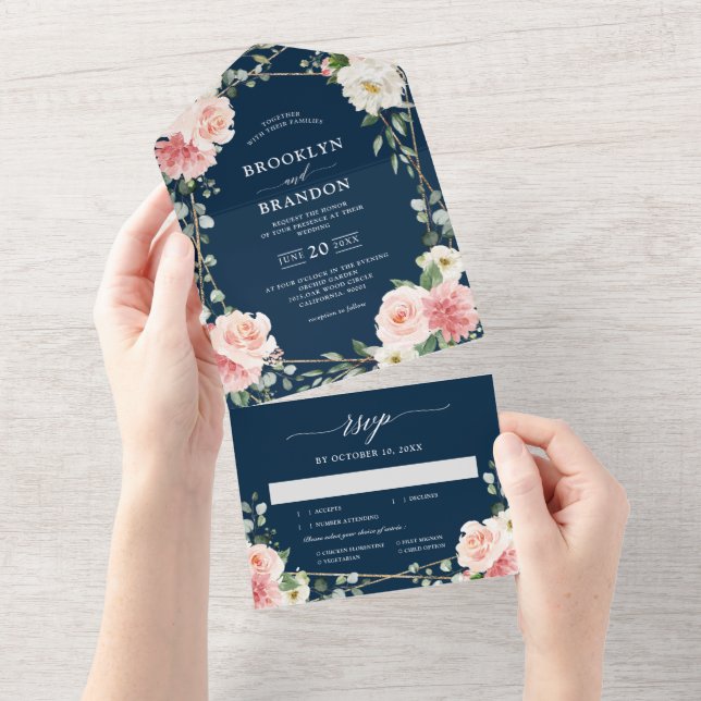 Invitation Tout En Un Mariage botanique géométrique de la marine florale (Déchirure)