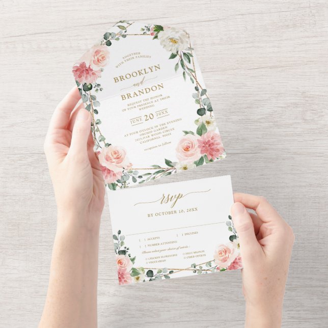 Invitation Tout En Un Mariage botanique géométrique rose pâle (Déchirure)