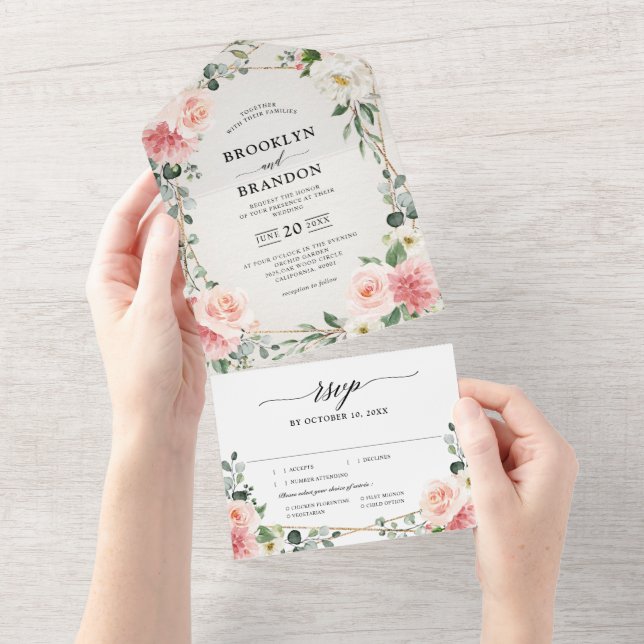 Invitation Tout En Un Mariage botanique géométrique rose pâle (Déchirure)