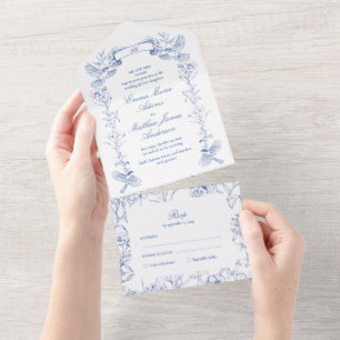 Invitation Tout En Un Mariage botanique oiseaux bleu français victorien