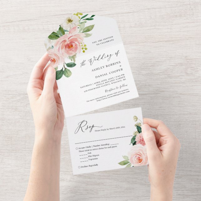 Invitation Tout En Un Mariage budgétaire floral blanc rose (Déchirure)