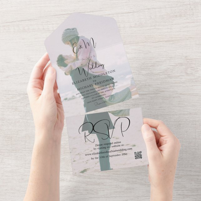 Invitation Tout En Un Mariage Burnt Orange Photo Moderne Élégant (Déchirure)