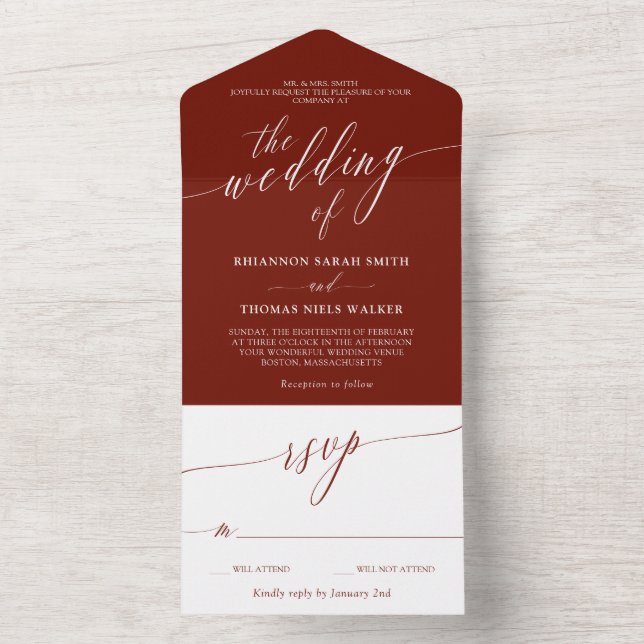 Invitation Tout En Un Mariage Calligraphie délicate Blanc bordeaux (À l'intérieur)