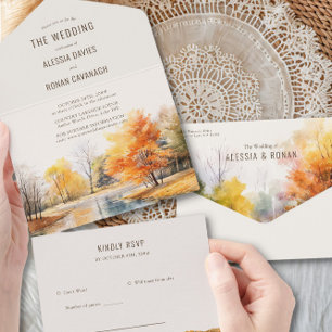Invitation Tout En Un Mariage campagnard D'Aquarelle D'Automne Lake Tout