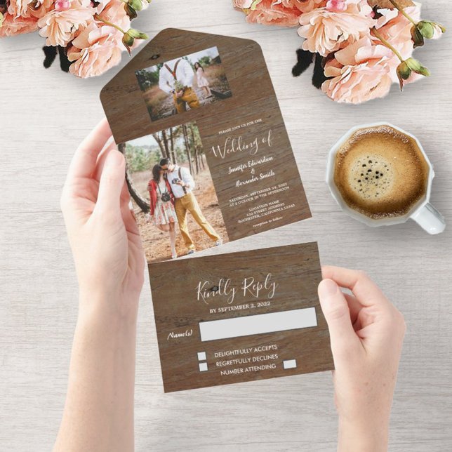 Invitation Tout En Un Mariage campagnard photo en bois rustique (Créateur téléchargé)