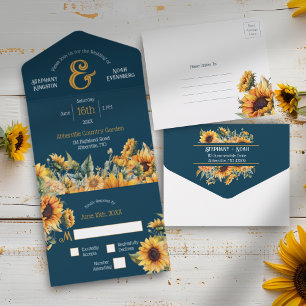 Invitation Tout En Un Mariage Campagnard Rustique Bleu Nuit Or Tournesol