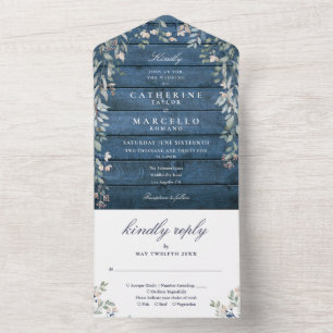 Invitation Tout En Un Mariage Cascade Florale en Bois Rustique Bleu A