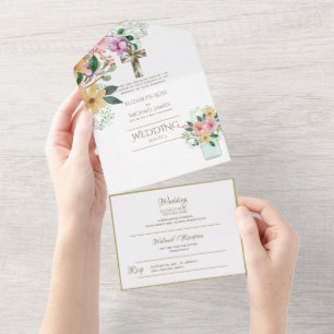 Invitation Tout En Un Mariage catholique 3in1 Invite Floral Gold RSVP