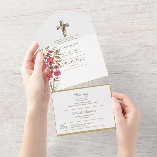 Invitation Tout En Un Mariage catholique 3in1 Invite Floral Gold RSVP (Déchirure)