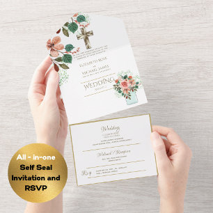Invitation Tout En Un Mariage catholique 3in1 Invite Floral Gold RSVP