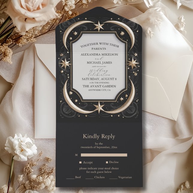 Invitation Tout En Un Mariage céleste de minuit noir étoiles lune (Créateur téléchargé)