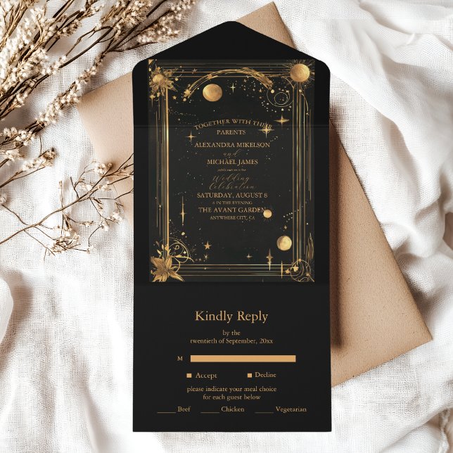 Invitation Tout En Un Mariage céleste de minuit noir étoiles lune (Créateur téléchargé)