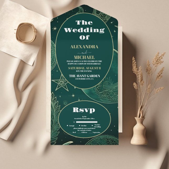 Invitation Tout En Un Mariage céleste Emerald Green Gold (Créateur téléchargé)