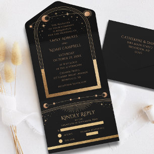 Invitation Tout En Un Mariage Céleste Soleil Lune Étoiles Or Noir