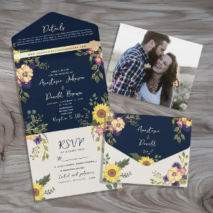 Invitation Tout En Un Mariage champêtre au tournesol bleu marine