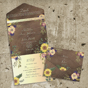 Invitation Tout En Un Mariage Champêtre Floral en Bois de Grange