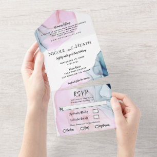 Invitation Tout En Un Mariage chic moderne aquarelle blanche rose et sar