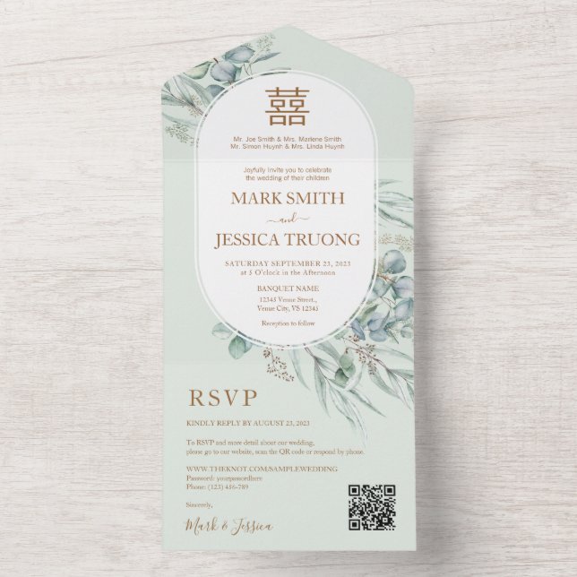 Invitation Tout En Un Mariage chinois à cadre rond Eucalyptus (À l'intérieur)