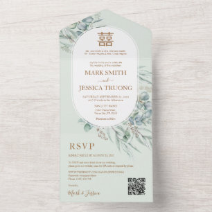 Invitation Tout En Un Mariage chinois à cadre rond Eucalyptus