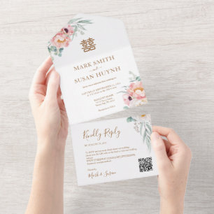 Invitation Tout En Un Mariage chinois Eucalyptus Peonies
