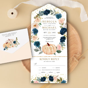 Invitation Tout En Un Mariage Citrouille Florale Bleu Nuit et Pêche Rust